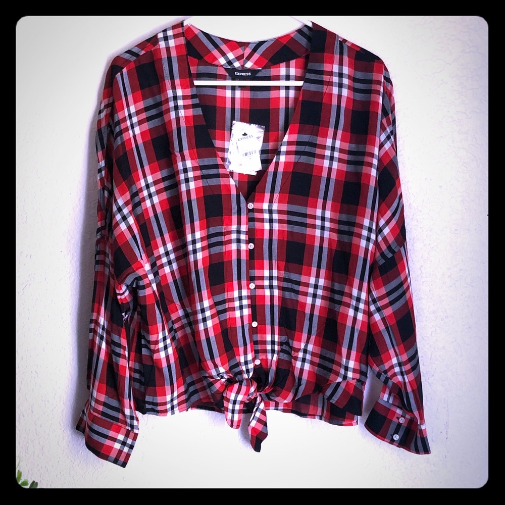 Express plaid tie hem top